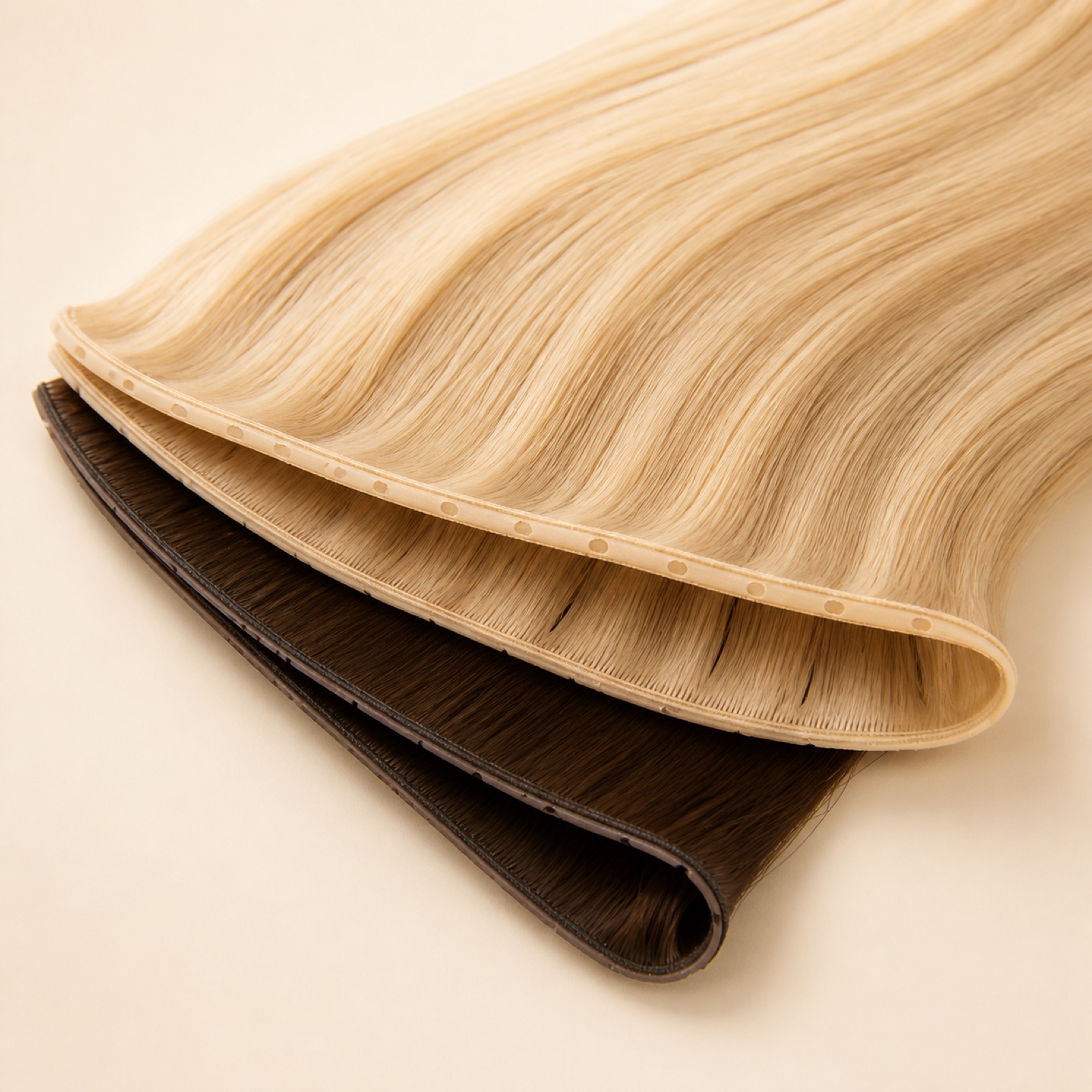 Professional human hair weft extensions arranged for product comparison